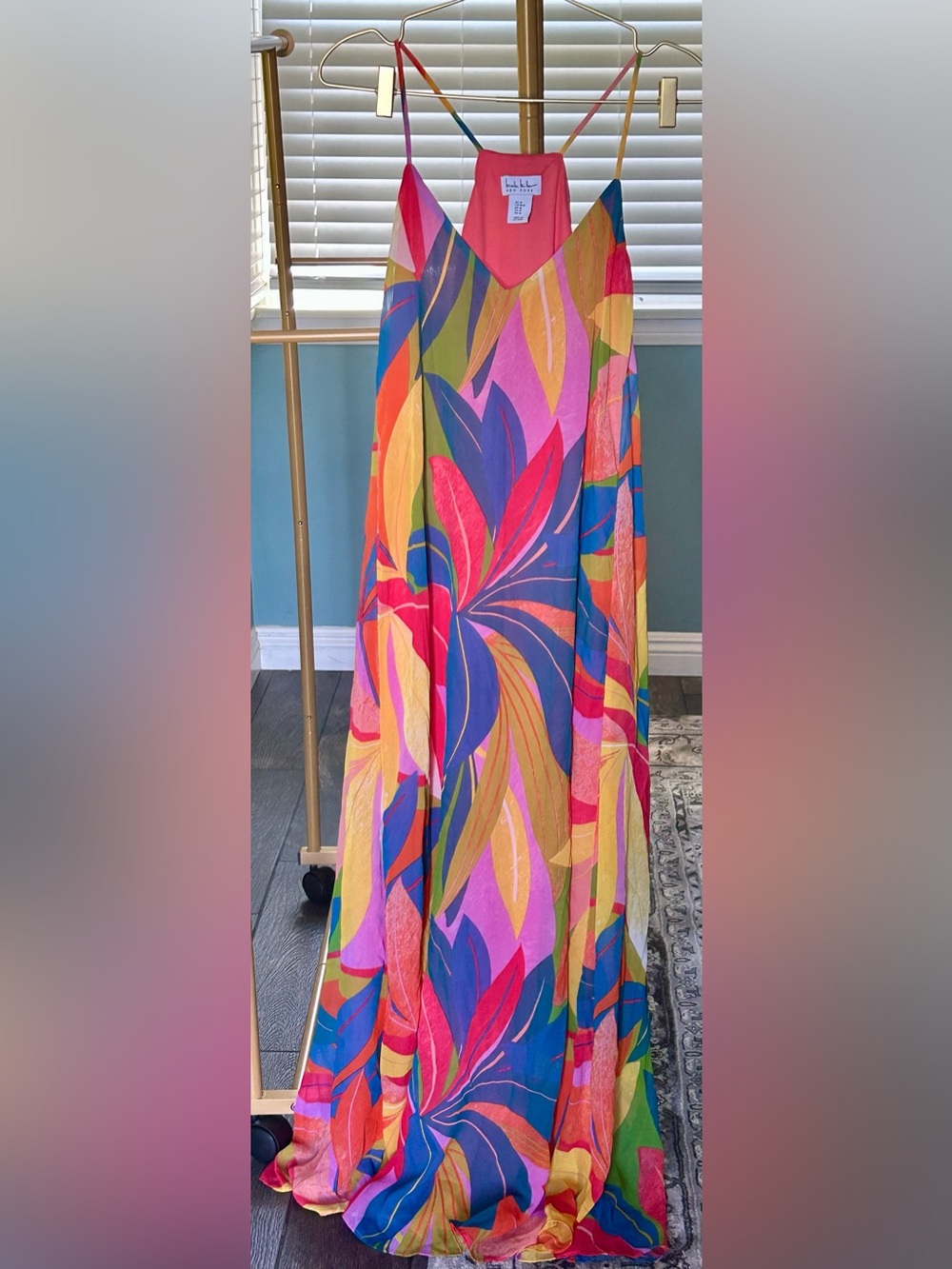 Stunning Nicole Miller NYC Tropical Print Maxi Dress with Spaghetti Strap NWT